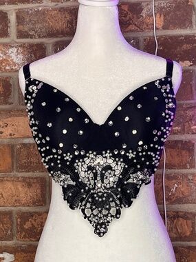 Black Bralette-Camisole,Lace/Pearls/Rhinestones